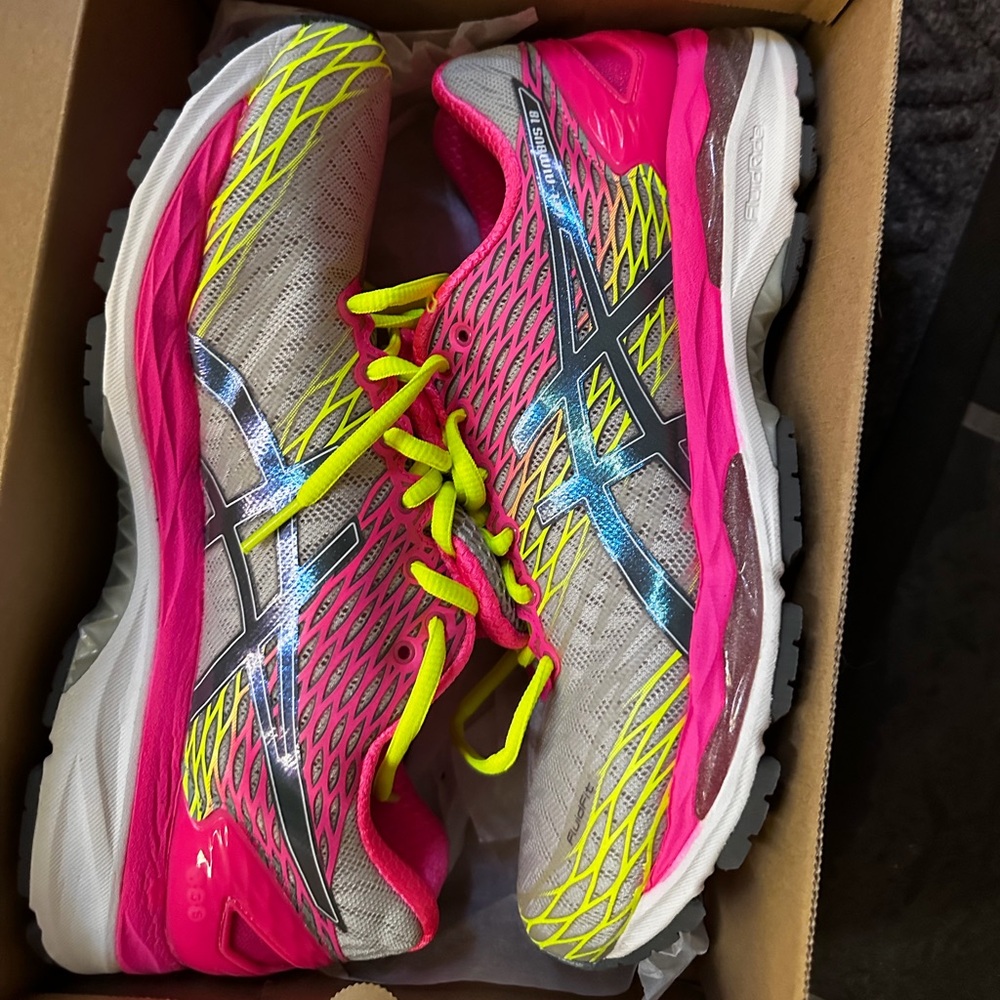 ASICS Gel Nimbus 18- Women's Neon Pink and Yellow Athletic Shoes